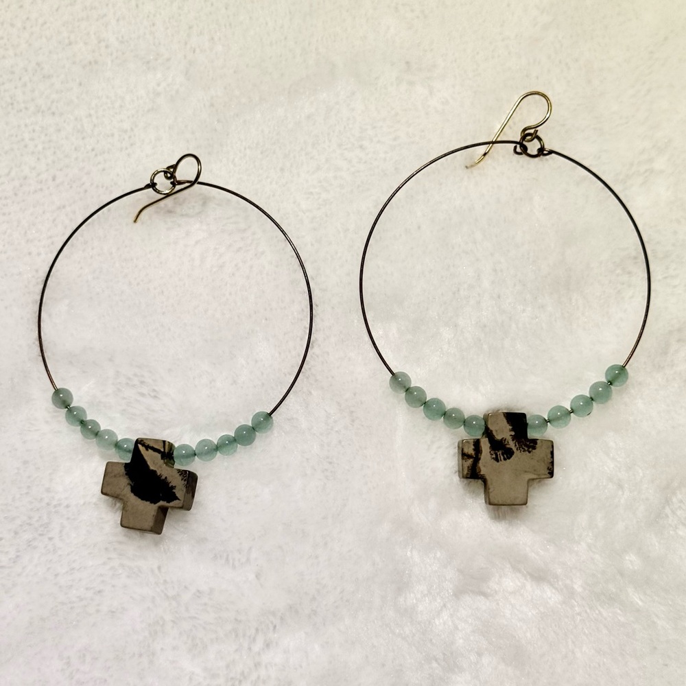 Cross Beaded Hoop Earrings with Fish Hook Closure 2.75”
